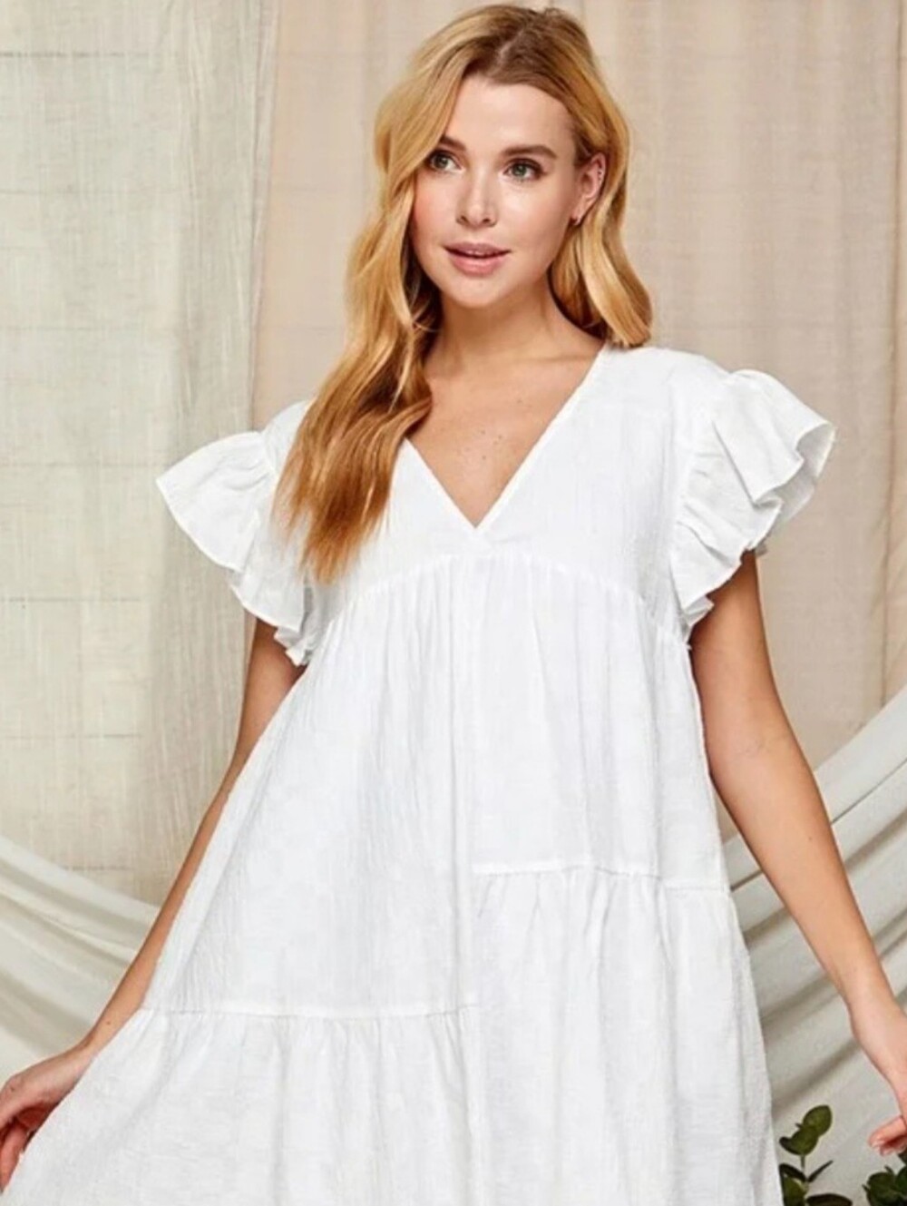 Hope Avenue White Flutter Sleeve V-Neck Tiered Mini Dress/Tunic Shirt L